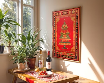 Ingelijste muurkunst kerstboom uit het midden van de eeuw: boho-feestdecoratie