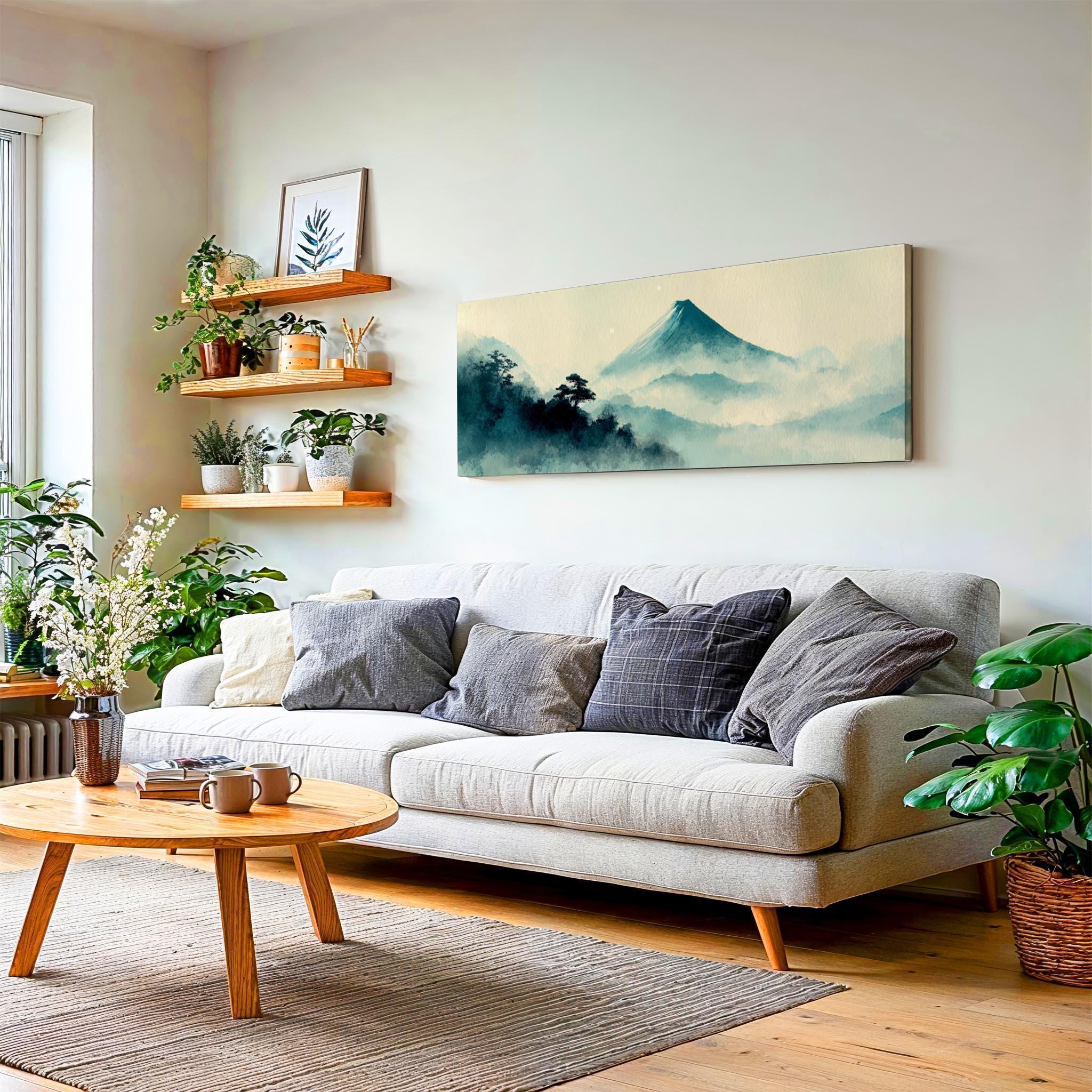Panoramic Japanese Wall Art, Misty Mountain Landscape, Minimalist