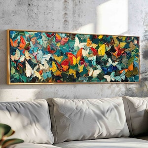 Framed Modern Butterflies Wall Art Framed, Abstract  Horizontal Wall Art, Colorful Panoramic Wall Art Print, Contemporary Above Bed Decor