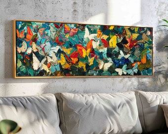Ingelijste moderne vlinders muurkunst ingelijst, abstracte horizontale muurkunst, kleurrijke panoramische muurkunstprint, eigentijds bovenbeddecor