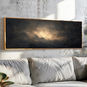 Moody Cloudy Sky Wall Art Framed, Vintage Cloud Wall Art, Panoramic Moody Wall Art, Dark Cloud Horizontal Painting Print, Above Bed Decor