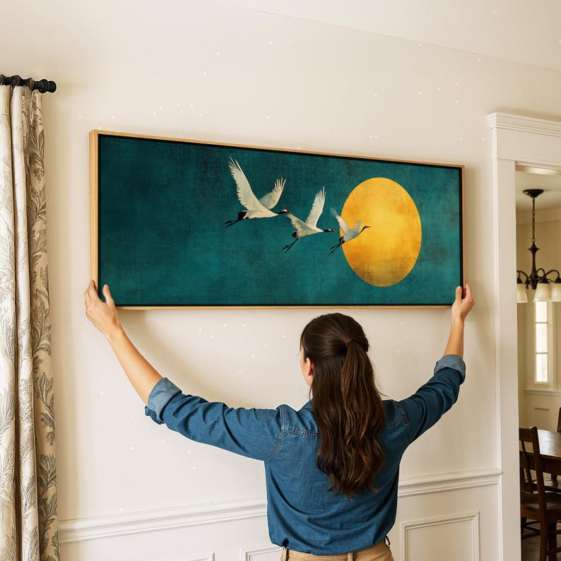 Framed Japanese Crane Wall Art: Japandi Flying Birds Print image 6