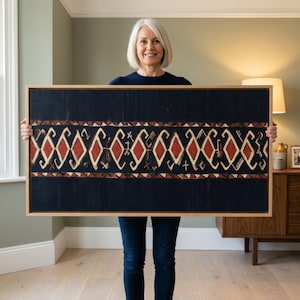 Night Kilim Wall Art Framed, Bone Hooked Diamonds and Madder Red on Indigo Black, Tribal Textile Canvas