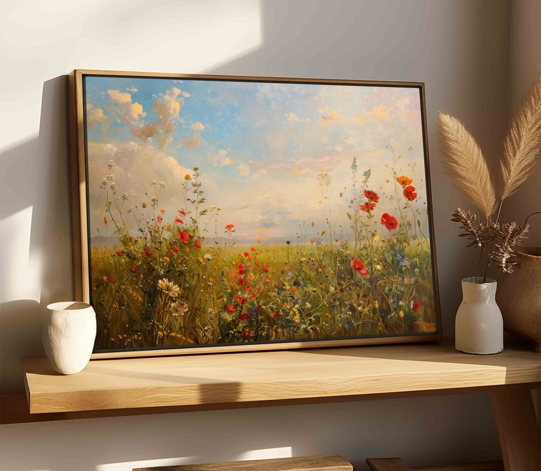 Vintage Wildflower Oil Painting Wall Art Framed, Wildflower Field ...