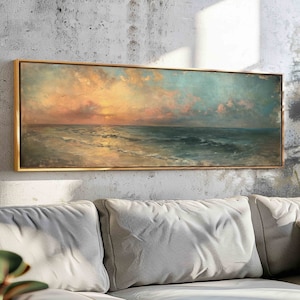 Moody Seascape Horizontal Wall Art Framed, Panoramic Print, Wide Vintage Painting Print, Large Wall Art, Above Sofa/Bed Boho Wall Decor