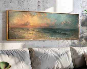 Moody Seascape Horizontal Wall Art Framed, Panoramic Print, Wide Vintage Painting Print, Large Wall Art, Above Sofa/Bed Boho Wall Decor