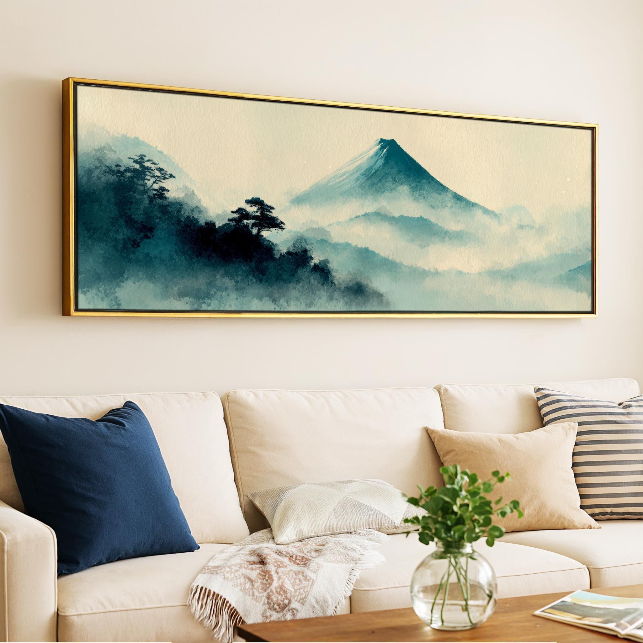 Panoramic Japanese Wall Art, Misty Mountain Landscape, Minimalist