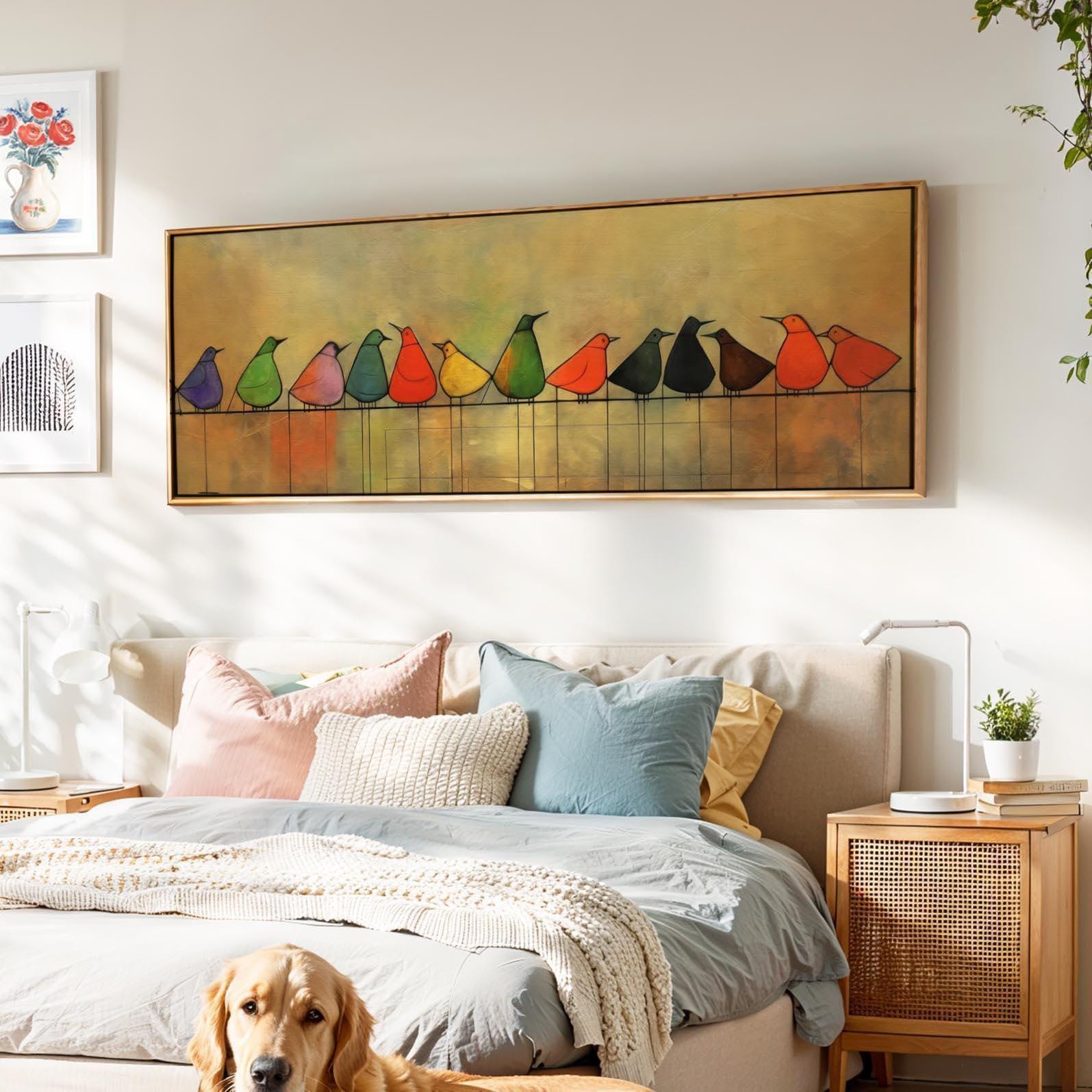 Mid Century Modern Birds on Wire Framed Wall Art: Abstract Print - Etsy