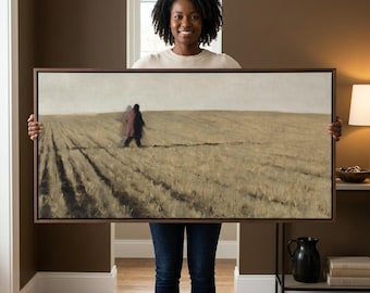 Sand and Cream Wheat Field Wall Art, Two Figures Crossing a Cut Stubble Field, Long Horizontal Art Above a Couch