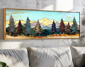 Stained Glass Style Framed Wall Art: Mountain & Pine Tree Landscape
