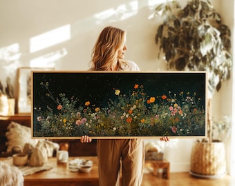 Moody Wildflower Field at Night: Framed Panoramic Landscape Wall Art for Above Bed Decor