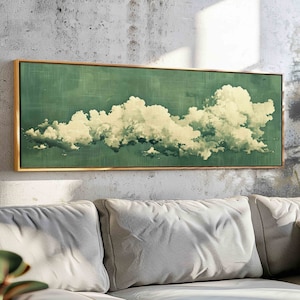 Seige Green Cloud Wall Art Framed, Minimalist Cloud Wall Art Framed, Horizontal Wall Art, Large Print, Oversized Panoramic Wall Decor