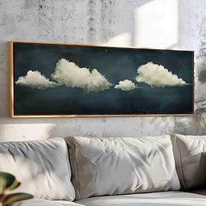 Vintage Moody Cloud Wall Art, Minimalist Moody Wall Art Framed, Horizontal Wall Art, Large Painting Print, Oversized Panoramic Wall Decor,