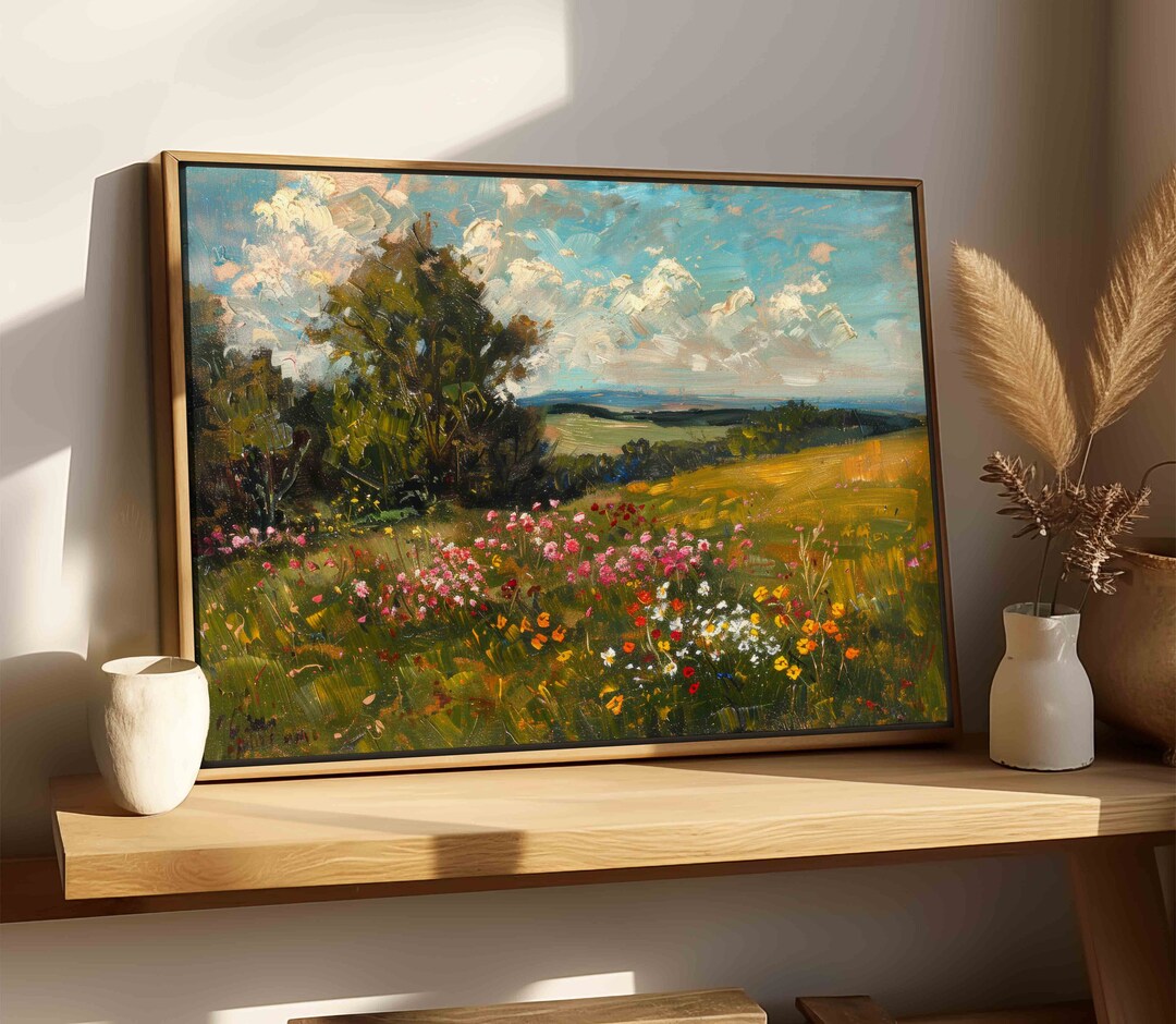 Vintage Wildflower Oil Painting Wall Art Framed, Wildflower Field ...