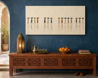 Abstract People with Umbrellas Wall Art Framed, Fifteen Tiny Walkers in Rust, Teal and Mustard on a Rainy Promenade, Long Horizontal Canvas
