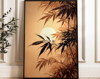 Framed Bamboo and Moon Print: Japandi Zen Wall Art