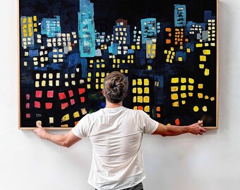 Art mural paysage urbain moderne du milieu du siècle encadré