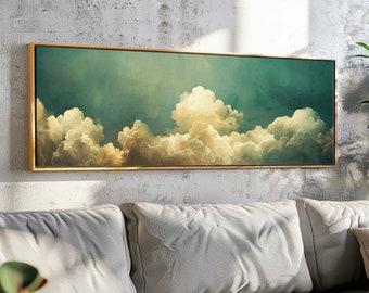 Vintage Moody Cloud Wall Art, minimalistische Moody Wall Art ingelijst, horizontale muurkunst, grote schilderijprint, oversized panoramisch wanddecor,