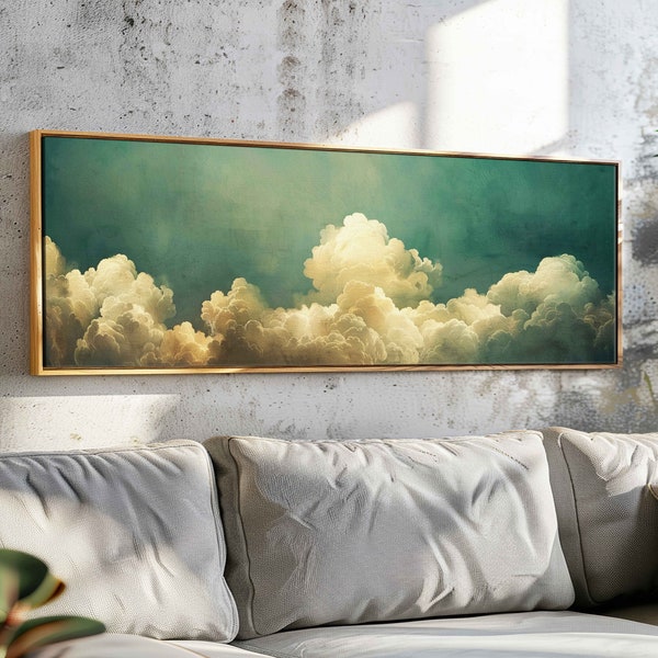 Vintage Moody Cloud Wall Art, Minimalist Moody Wall Art Framed, Horizontal Wall Art, Large Painting Print, Oversized Panoramic Wall Decor,