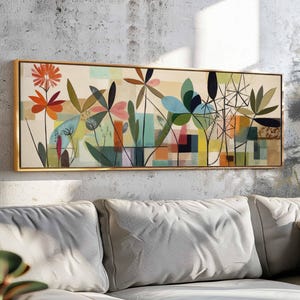 Moderne botanische Wandkunst gerahmt, Mitte des Jahrhunderts moderne Blumenwandkunst, horizontale Wandkunst, großformatige Wandkunst, über dem Bettdekor