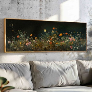 Wildflowers at Night, Wildflowers Field Landscape Wall Art Framed, Panoramic Moody Wall Art, Dark Floral Landscape Painting, Above Bed Decor