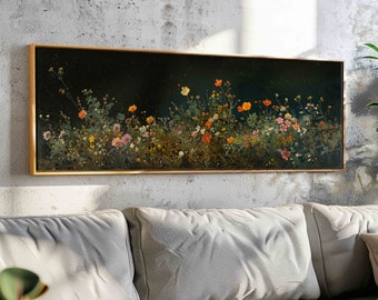 Wilde bloemen bij nacht, wilde bloemen veld landschap kunst aan de muur ingelijst, panoramische humeurige muur kunst, donkere bloemen landschap schilderij, boven bed decor