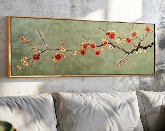Framed Japanese Floral Tapestry Print: Vintage Japandi Wall Art