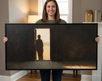 Man in a Doorway Wall Art - Figure Looking Out at Golden Fields - Moody Panoramic Framed Canvas - Above Console Decor - Large Horizontal