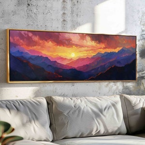 Sunset over the Purple Mountains, Minimal Horizontal Landscape Wall Art Framed, Moody Panoramic Print, Vintage Painting Print, Boho Wall Art image 1