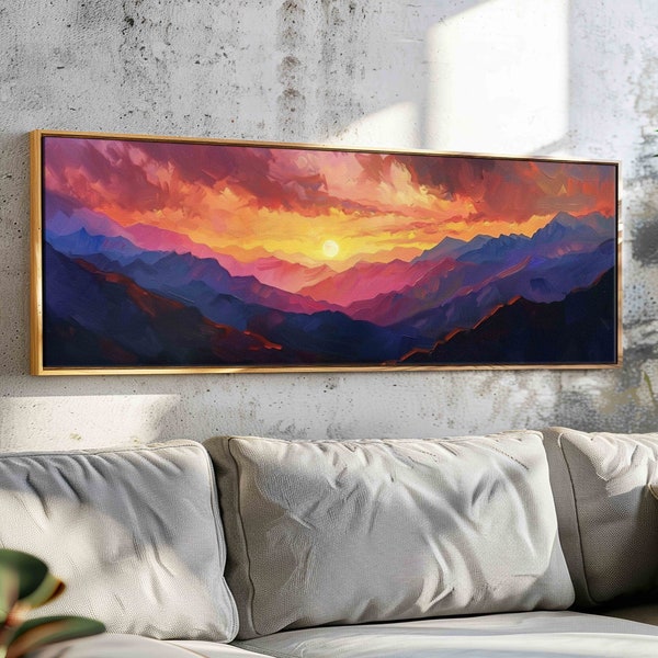 Sunset over the Purple Mountains, Minimal Horizontal Landscape Wall Art Framed, Moody Panoramic Print, Vintage Painting Print, Boho Wall Art