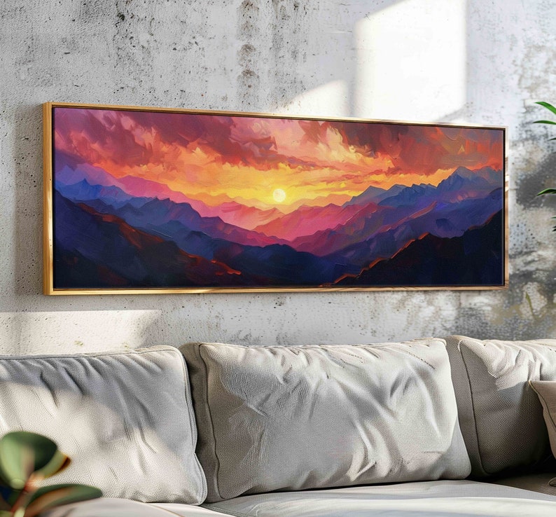 Sunset over the Purple Mountains, Minimal Horizontal Landscape Wall Art Framed, Moody Panoramic Print, Vintage Painting Print, Boho Wall Art image 1