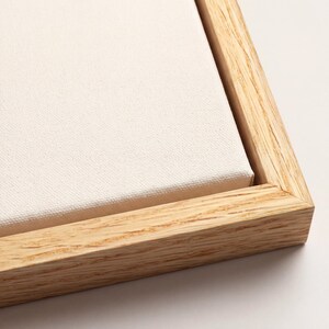 May include: Close-up of a blank canvas stretched over a wooden frame. The canvas is a light cream color, and the frame is made of natural-toned wood. The frame's corner is visible, showing the wood grain.