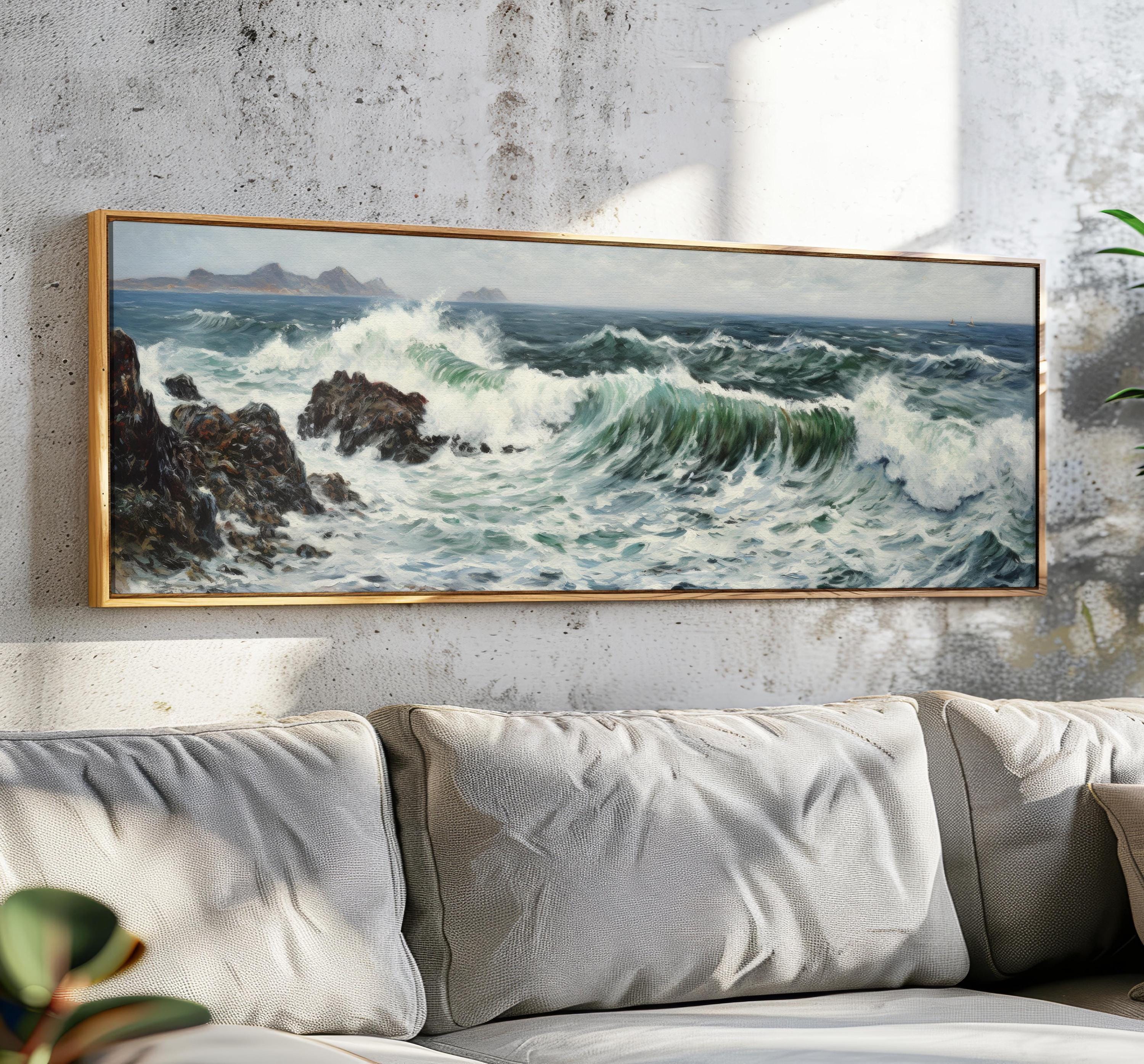 海岸風景画 フレーム付き 額装された海岸風景画：岩に打ち付ける波 - Etsy 日本