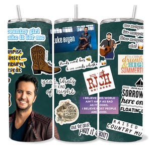 May include: A green tumbler with various country music-themed graphics and text, including "Redneck Rich", "I'm a little drunk & high summer time", "Leave all your sorrow here on floatin' down", and "Raised Country Music".