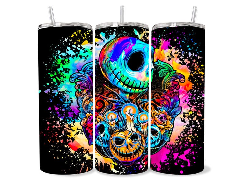 May include: Three colorful stainless steel tumblers with a black background and a colorful graphic of a skull with a Jack Skellington-like face and a floral design.