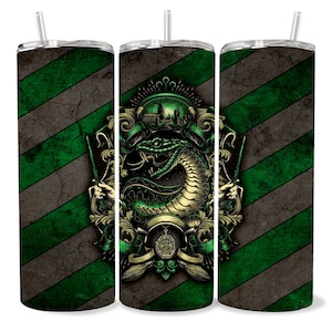 May include: Three stainless steel tumblers with a green and gray striped background. Each tumbler features a crest with a snake, a castle, and the words "Slytherin" and "House Slytherin".