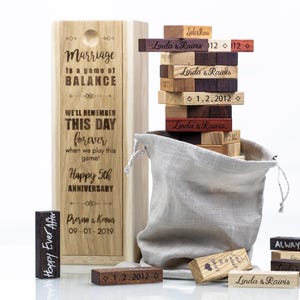 5th Anniversary Wood Gift - Luxury Engraved Tumbling Tower - Set Wedding Guest Book Alternative