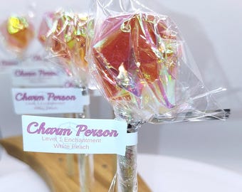 Charm Person, White Peach Diabetic Hard Candy Lollipop D20 Dice, polyhedral candy tabletop roleplay gaming Dungeons & Dragons