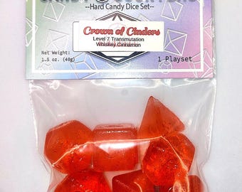 Crown of Cinders, Fireball Whiskey HARD CANDY DICE playset Cinnamon Spicy Diabetic Dice, Isomalt Candies, Magic the Gathering Life Counters,