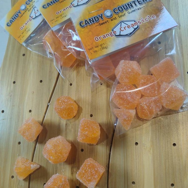 Orange Cream Candy Dice, Sweet and Sour Gummies, Dungeons and Dragons, Roll for Initiative, Edible Polyhedral Dice Set, Roleplay
