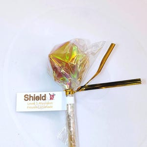 Shield Spell, Frozen Lemonade D20 LOLLIPOP Diabetic Dice, polyhedral candy tabletop roleplay gaming and D&D games, Isomalt Candy, image 1