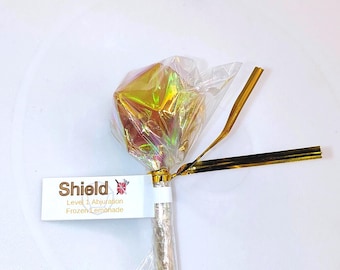 Shield Spell, Frozen Lemonade D20 LOLLIPOP Diabetic Dice, polyhedral candy tabletop roleplay gaming and D&D games, Isomalt Candy,