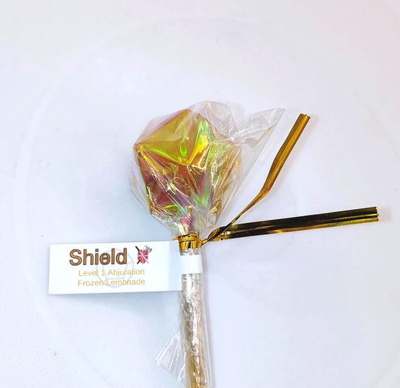 Shield Spell, Frozen Lemonade D20 LOLLIPOP Diabetic Dice, polyhedral candy tabletop roleplay gaming and D&D games, Isomalt Candy,