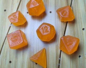 Orange Cream Candy Dice, Kohakutou Gummies, Dungeons and Dragons, Roll for Initiative, Edible Polyhedral Dice Set, Roleplay DND, D20 Candies