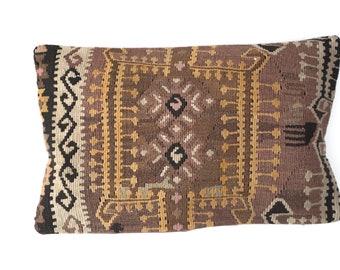 Unique vintage kilim pillow from Anatolia 50x30 cm. Wool boho cushion.