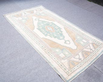 Vintage Oushak Rug 5x9, Muted Turkish - Sage Green and Beige Antique Area Carpet