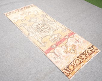 Vintage Oushak Runner 3x8, Orange Turkish Rug, Handmade Wool Carpet, Antique Kitchen