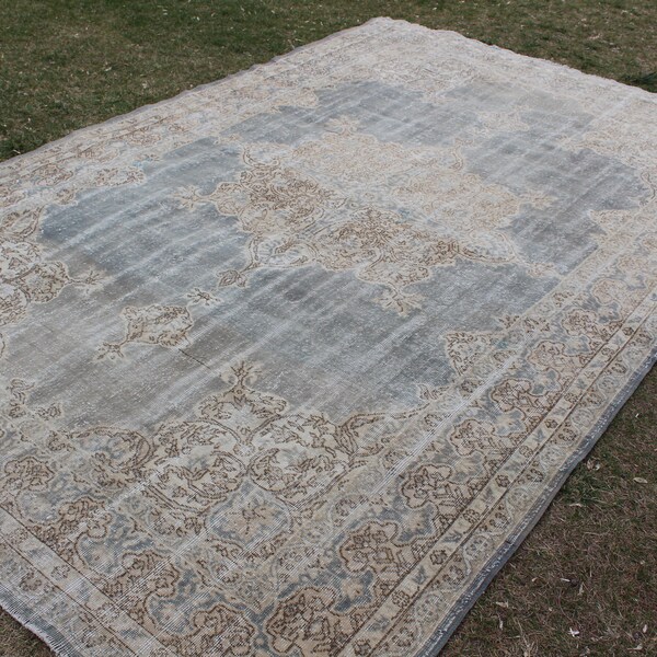 Beige And Blue High quality Turkish Rug %100 wool and cotton, Handmade Vintage Hallway Home Decor Wool Turkish Rug, 7''8x11''1 CODE:1012