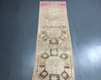 Beige and Soft Brown Small Vintage Runner Rug, home Ofice Decorative Oushak Rug, 2''2X7''1 Feet fast and free shipping !! CODE:999