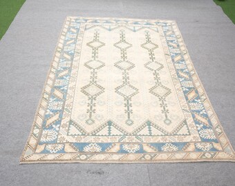 Large Vintage Turkish Oushak Rug 6x9, Muted Medallion Area Rug, Hand Knotted Wool Carpet